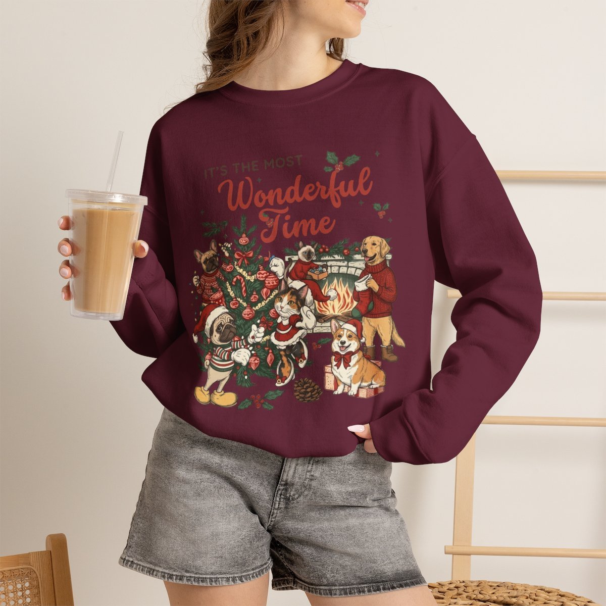 Cute Christmas Pet Sweatshirt for Dog & Cat Lovers Maroon