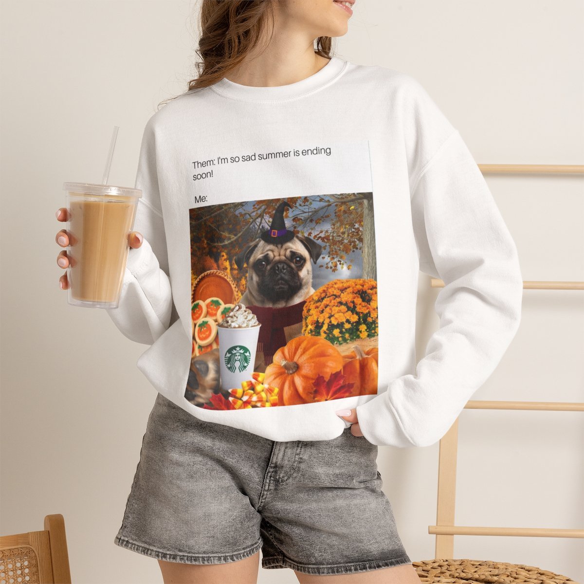 Cute Pug Fall Season Unisex Sweatshirt for Autumn & Halloween White