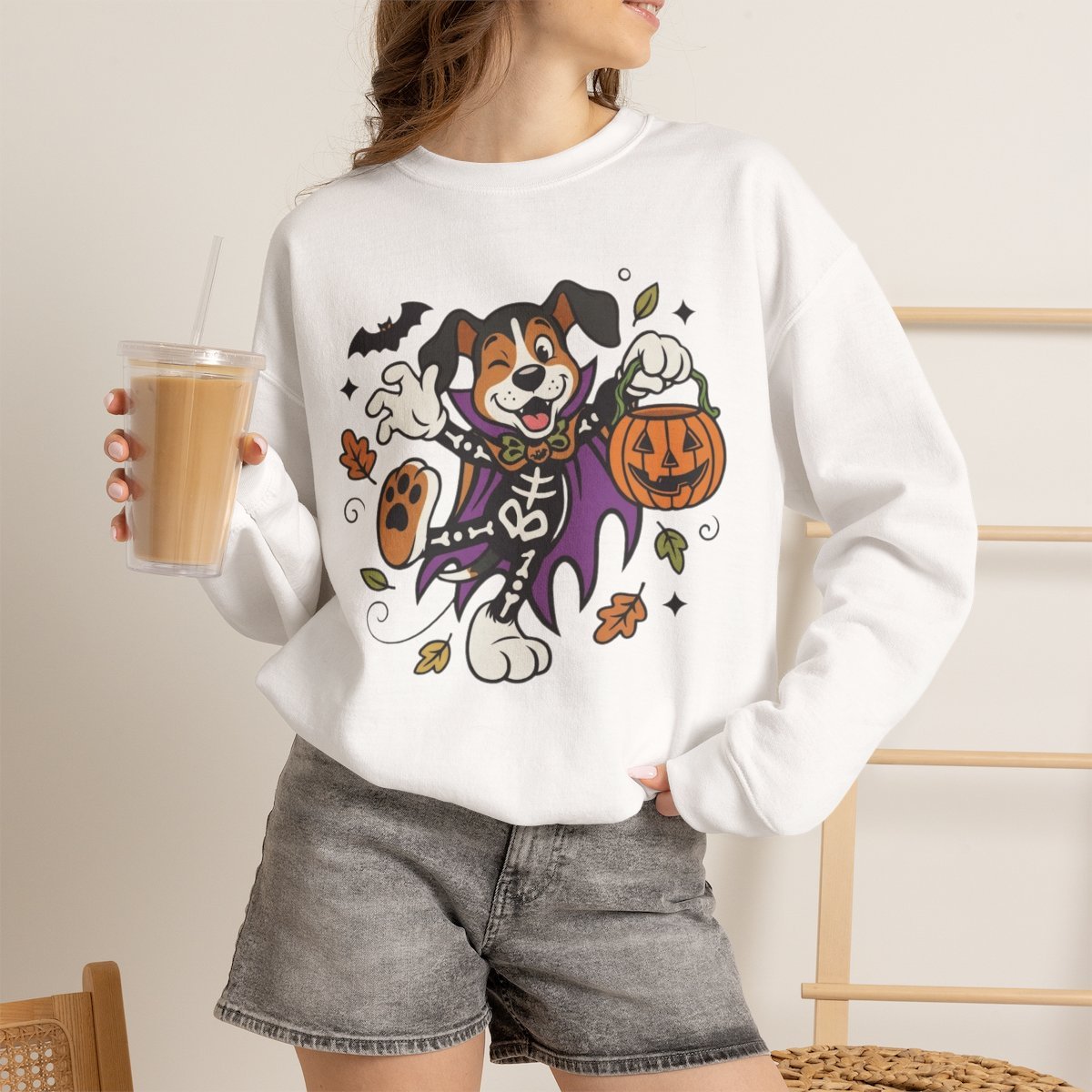 Cute Skeleton Dog Halloween Sweatshirt for Pet Lovers White