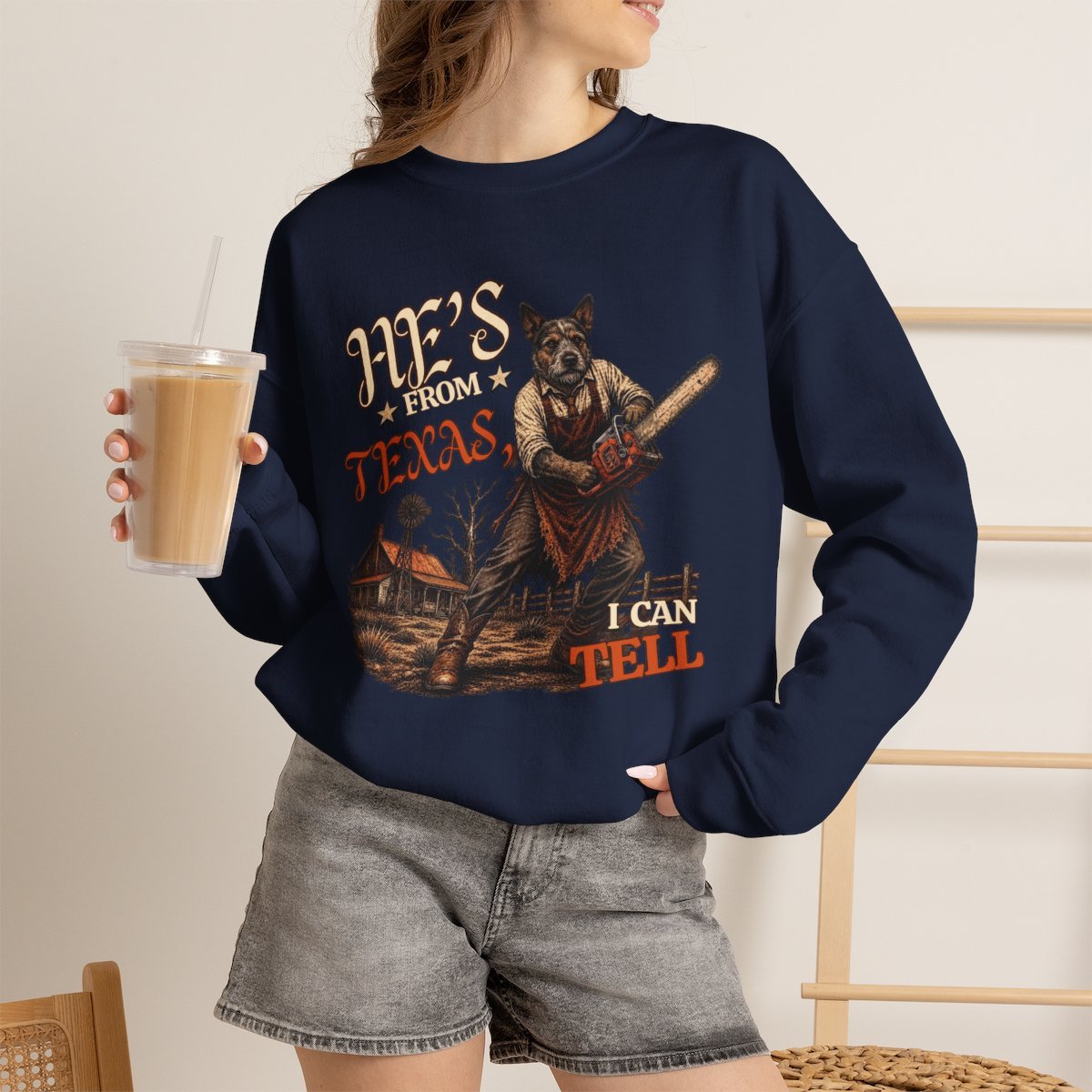 Funny Texas Dog Chainsaw Graphic Sweatshirt for Pet Lovers Navy