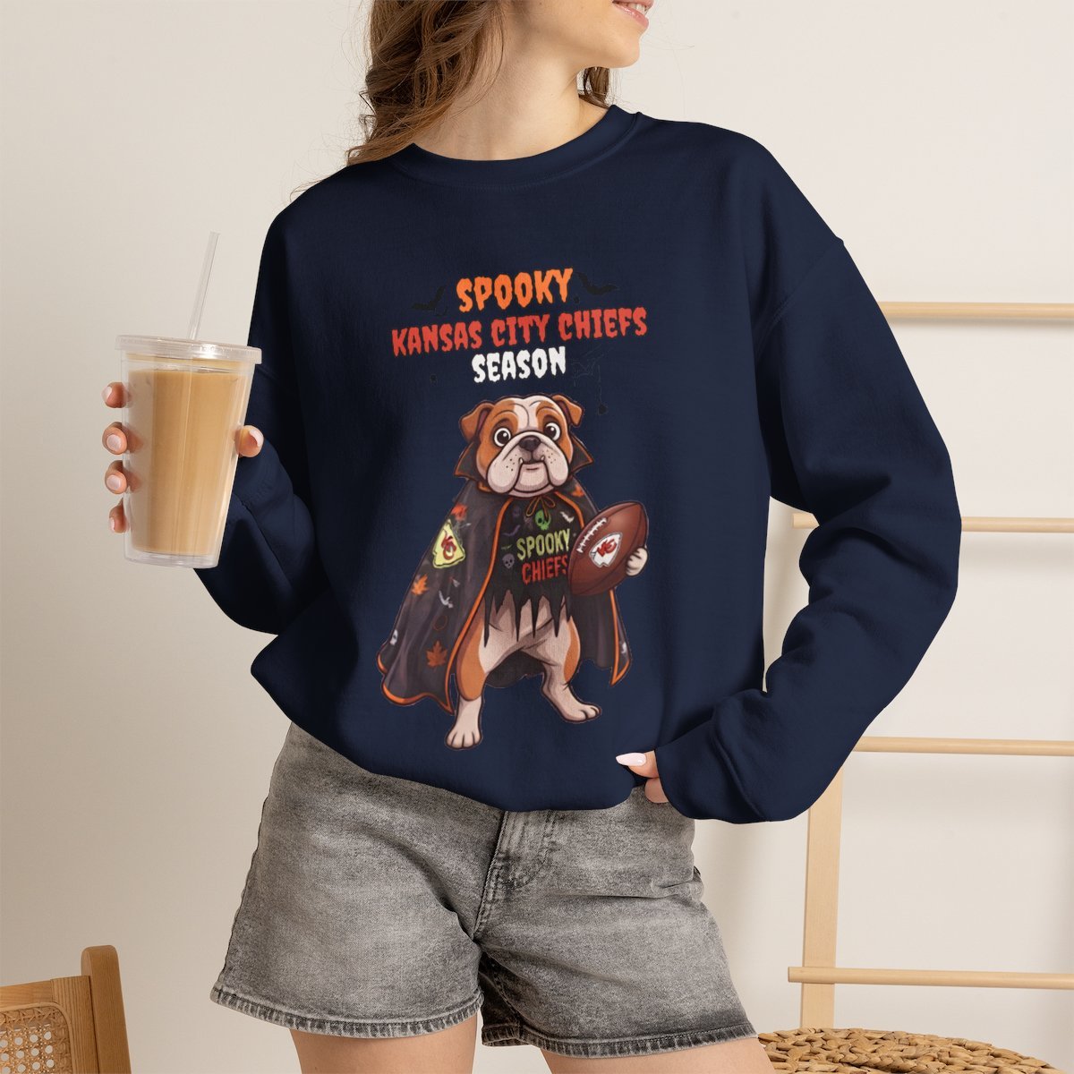 Spooky Kansas City Chiefs Bulldog Halloween Sweatshirt Navy