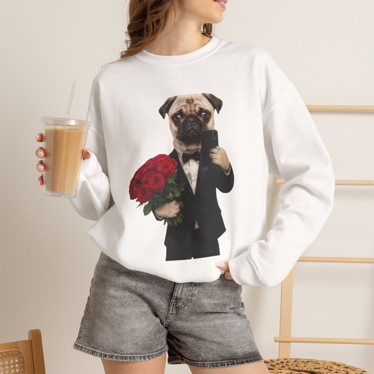 1cu98z.jpg Funny Dog in Suit with Roses Sweatshirt | Cute Pet Lover Gift White