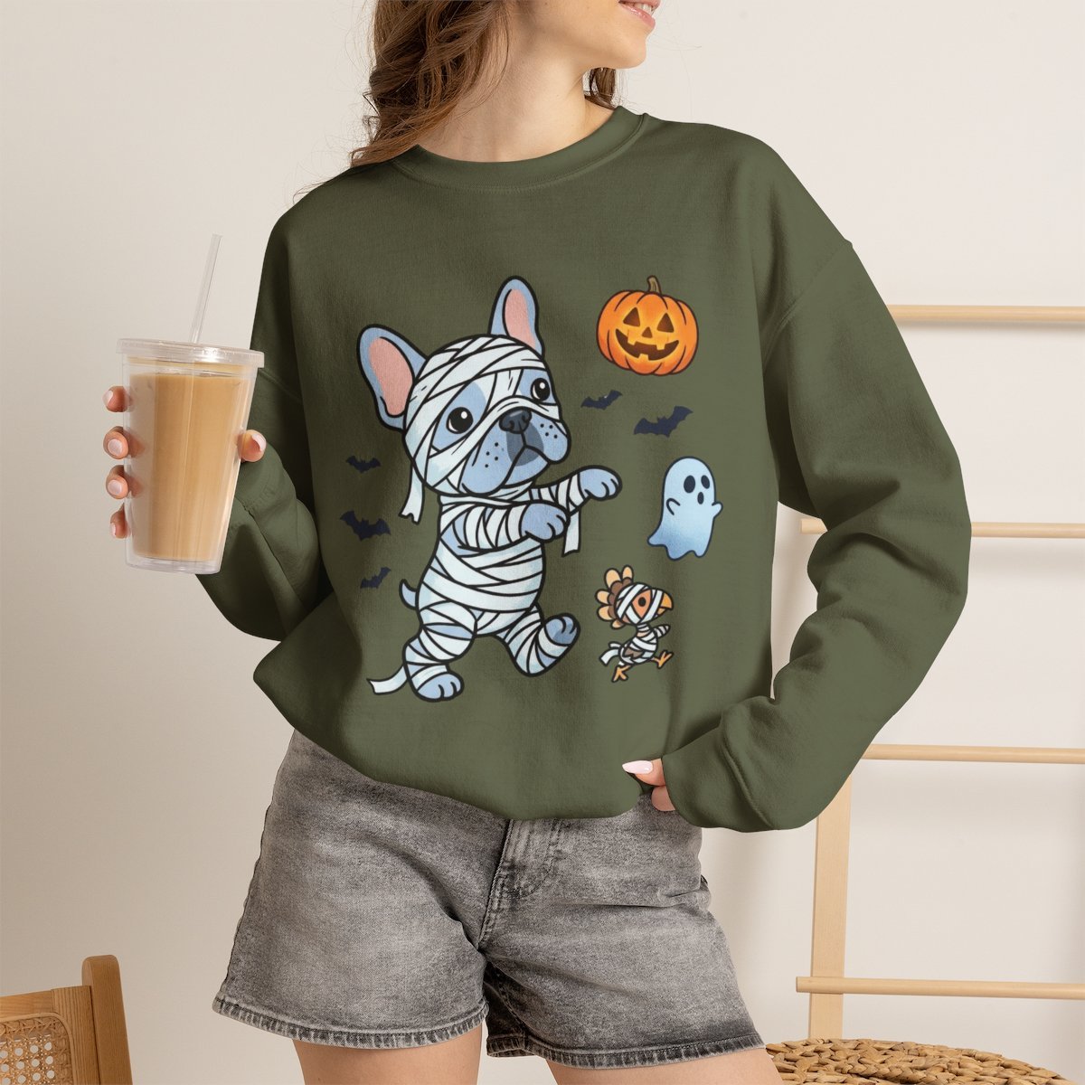 Mummy French Bulldog Halloween Unisex Sweatshirt Cute Pet Gift Military Green