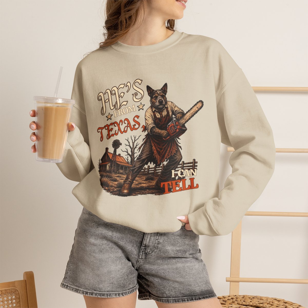 Funny Texas Dog Chainsaw Graphic Sweatshirt for Pet Lovers Sand