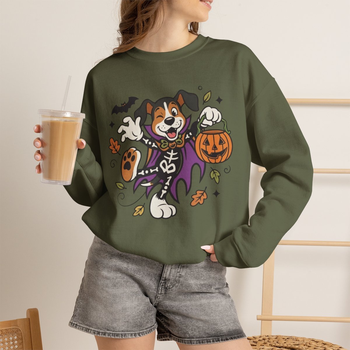 Cute Skeleton Dog Halloween Sweatshirt for Pet Lovers Military Green