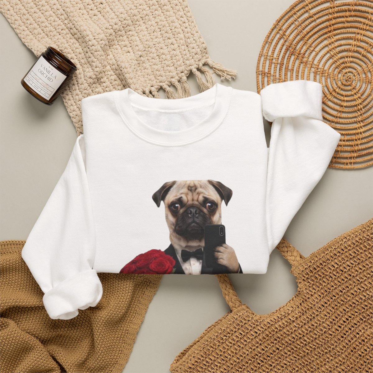 Funny Dog in Suit with Roses Sweatshirt | Cute Pet Lover Gift Detail