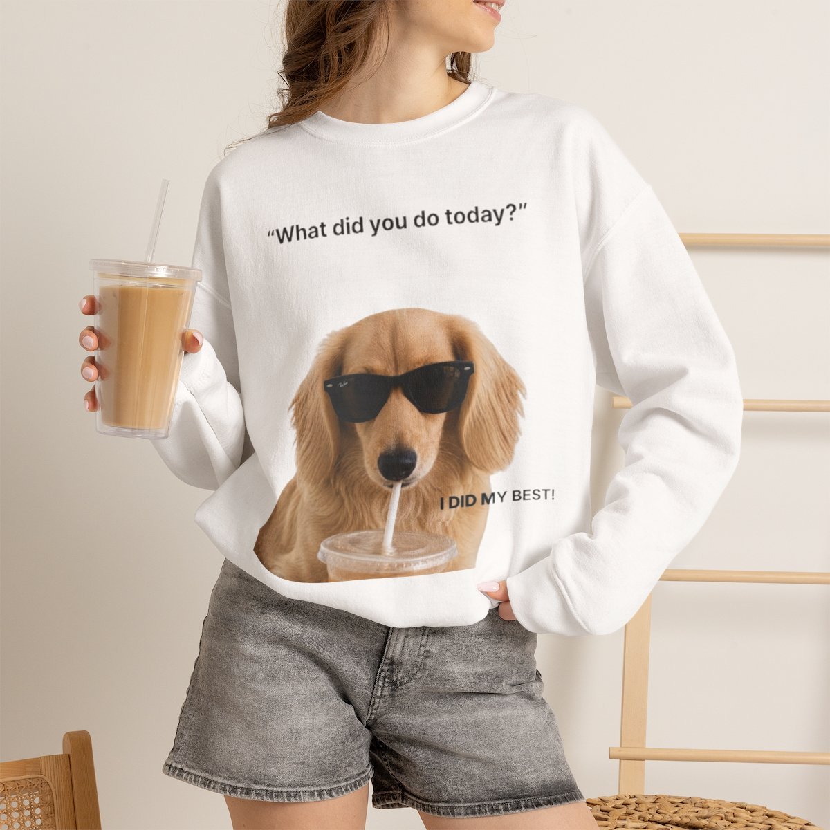 Cute Dog Coffee Sweatshirt | Pet Lover Gift & Cozy Apparel White
