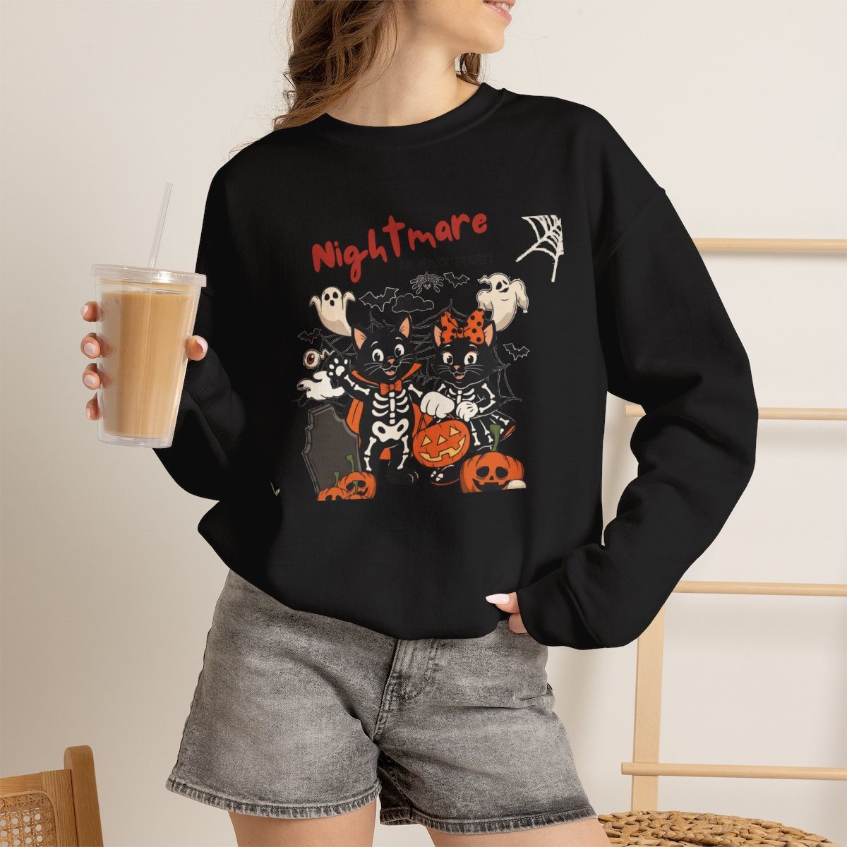 Cute Black Cat Skeleton Halloween Sweatshirt Holiday Gift Black