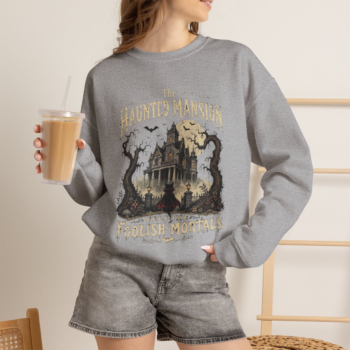 Spooky Haunted Mansion Cat Sweatshirt | Cute Halloween Apparel Sport Grey