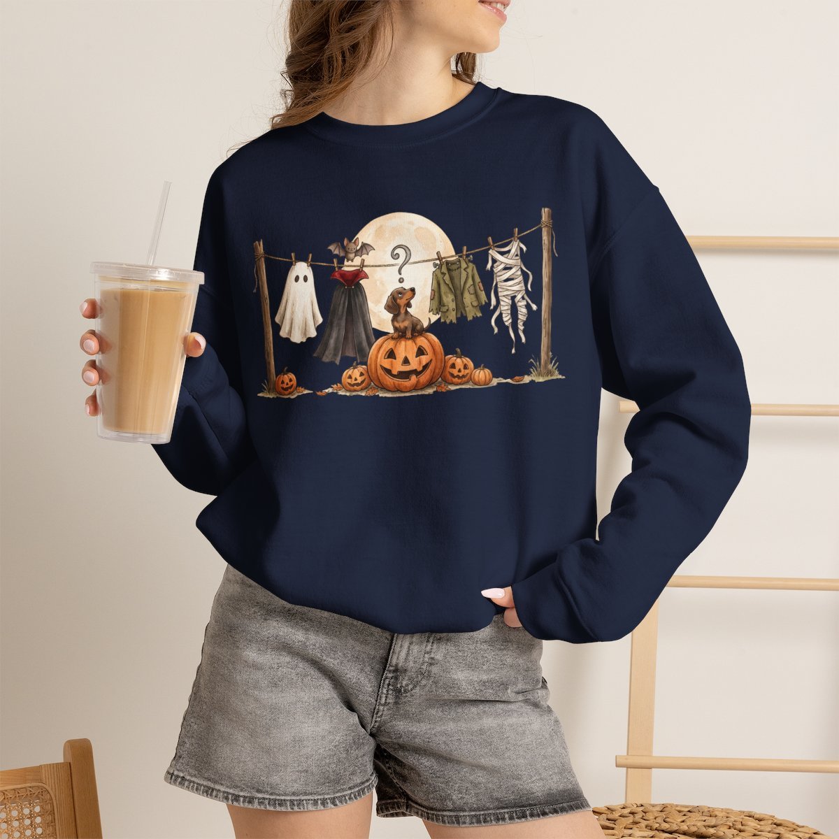 Cute Dachshund Halloween Sweatshirt for Dog Lovers Navy