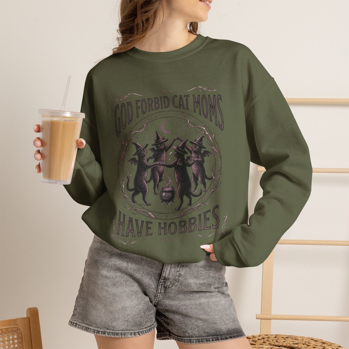Witchy Cat Mom Sweatshirt Funny Halloween Apparel Military Green