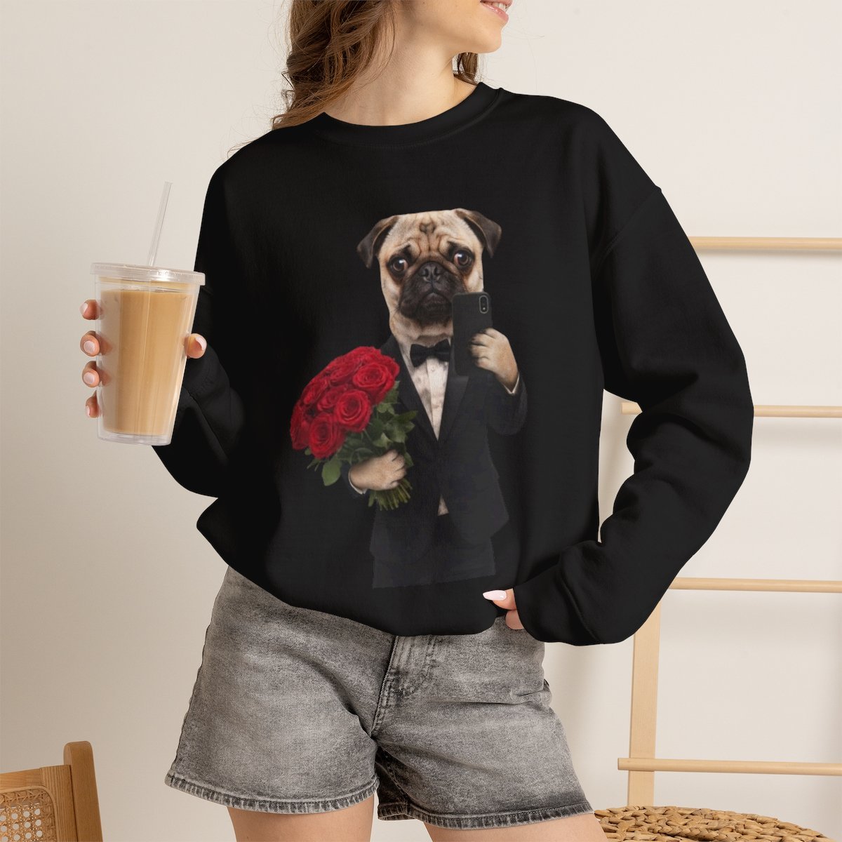 Funny Dog in Suit with Roses Sweatshirt | Cute Pet Lover Gift Black