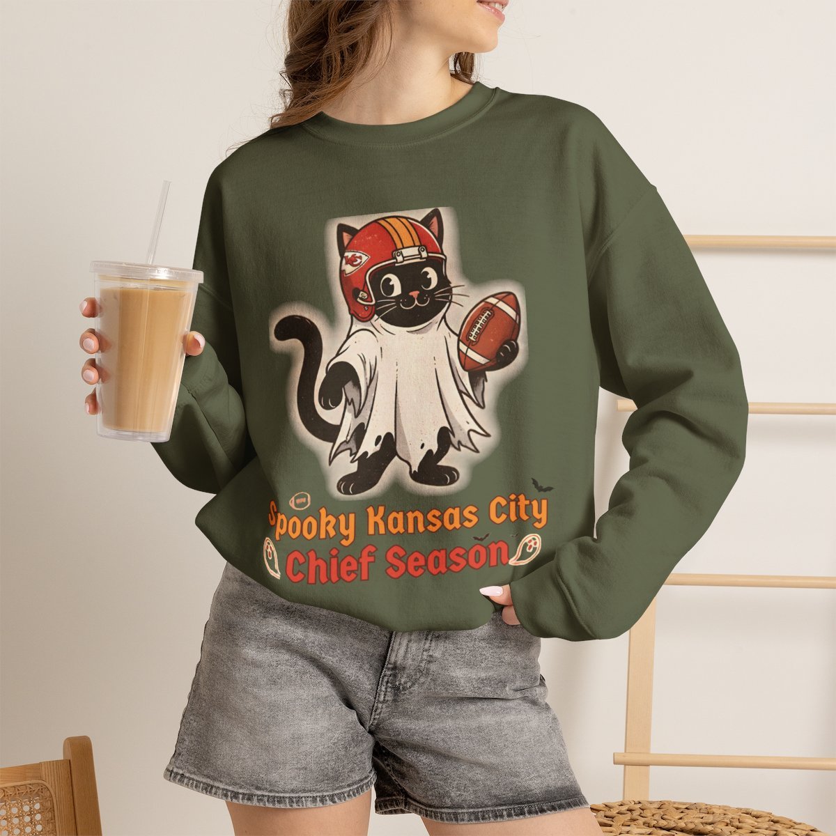 Spooky Kansas City Football Cat Halloween Unisex Sweatshirt Military Green