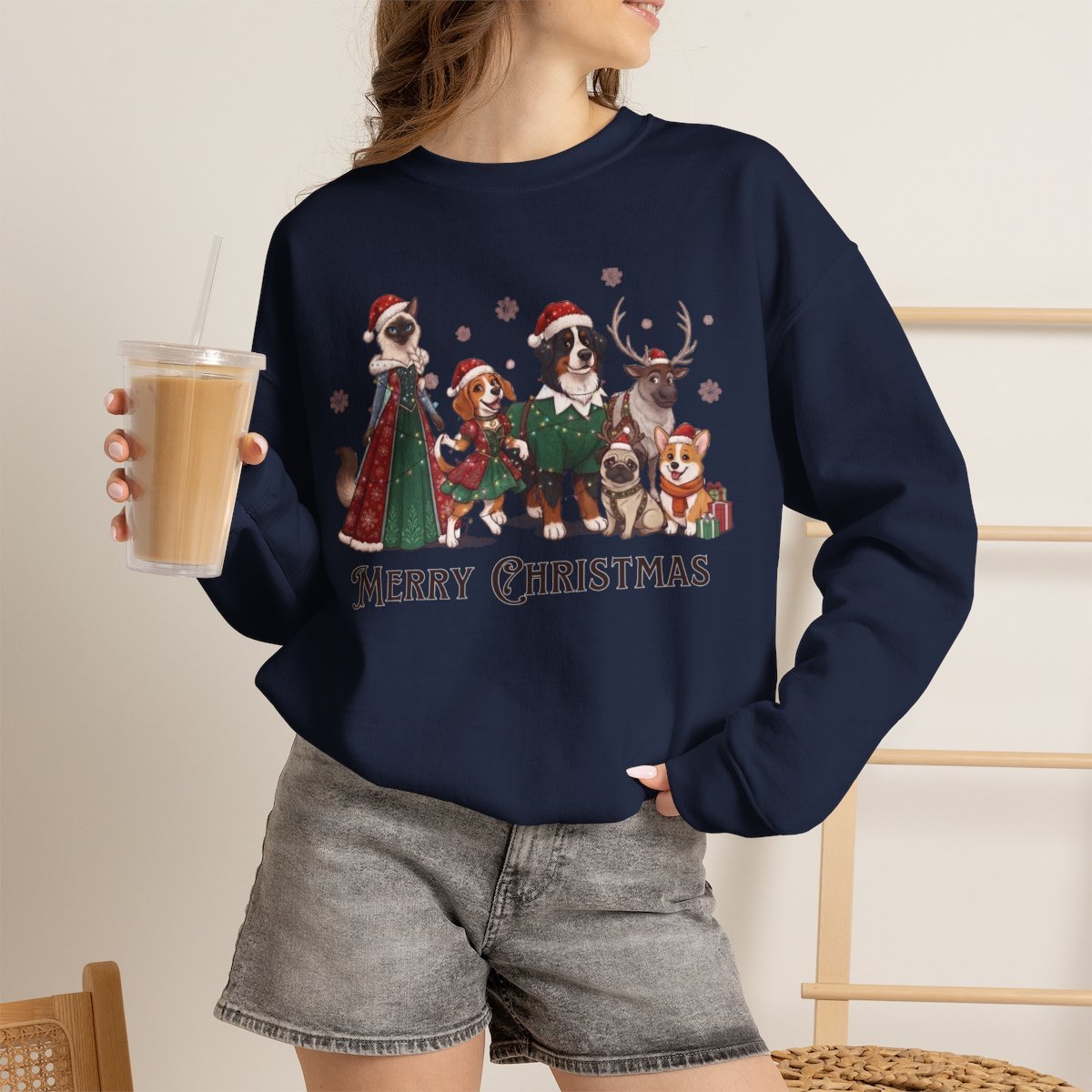 Merry Christmas Cute Pets Holiday Sweatshirt Navy