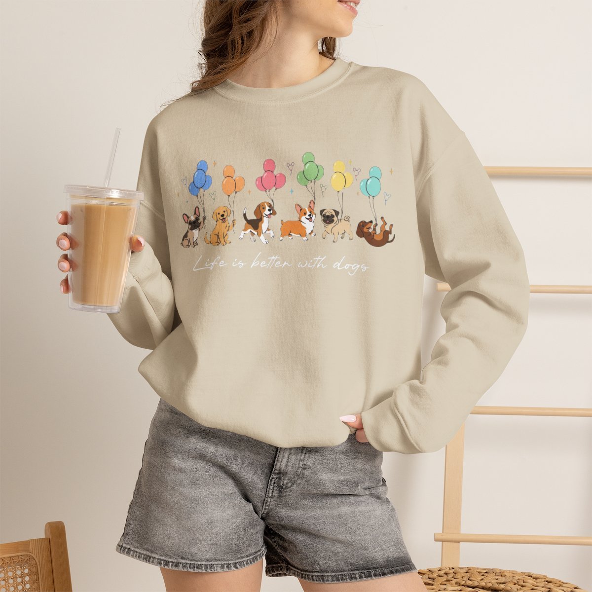 Cute Dogs with Balloons Tee for Dog Lovers & Pet Owners Sand