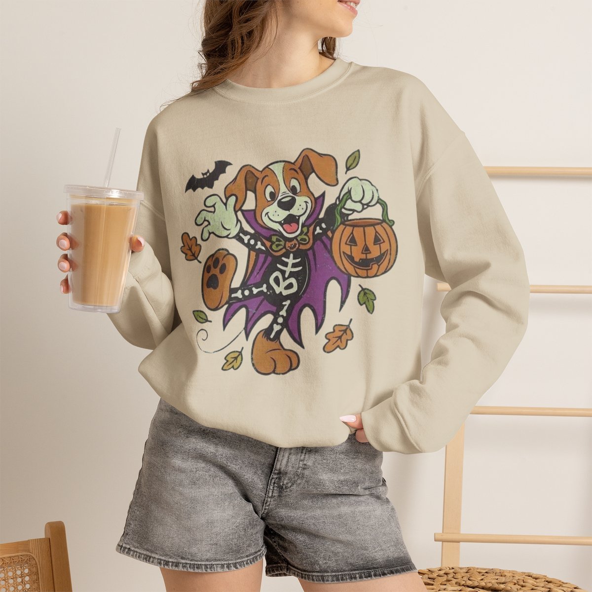 Cute Halloween Puppy Skeleton Costume Sweatshirt for Dog Lovers Sand