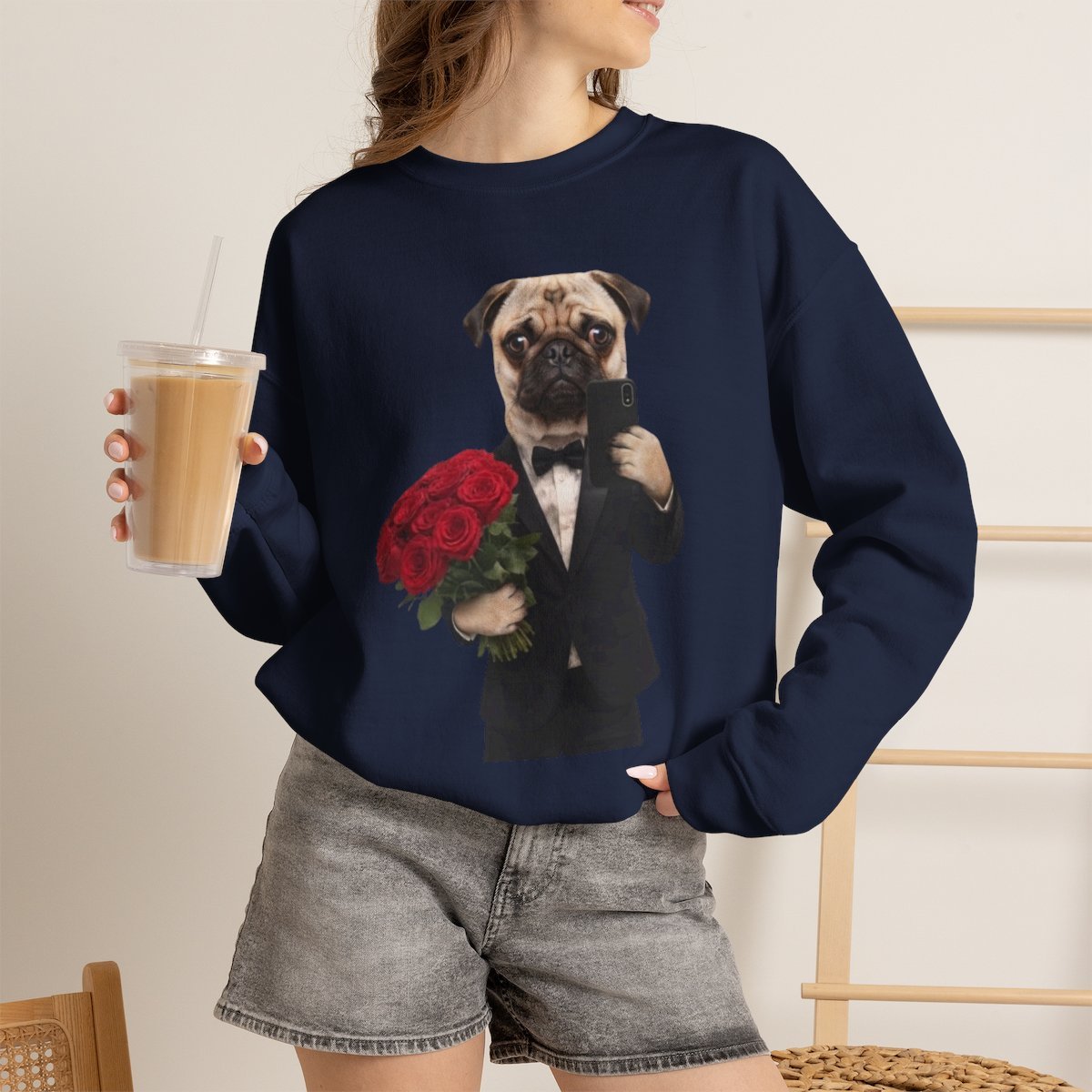 Funny Dog in Suit with Roses Sweatshirt | Cute Pet Lover Gift Navy
