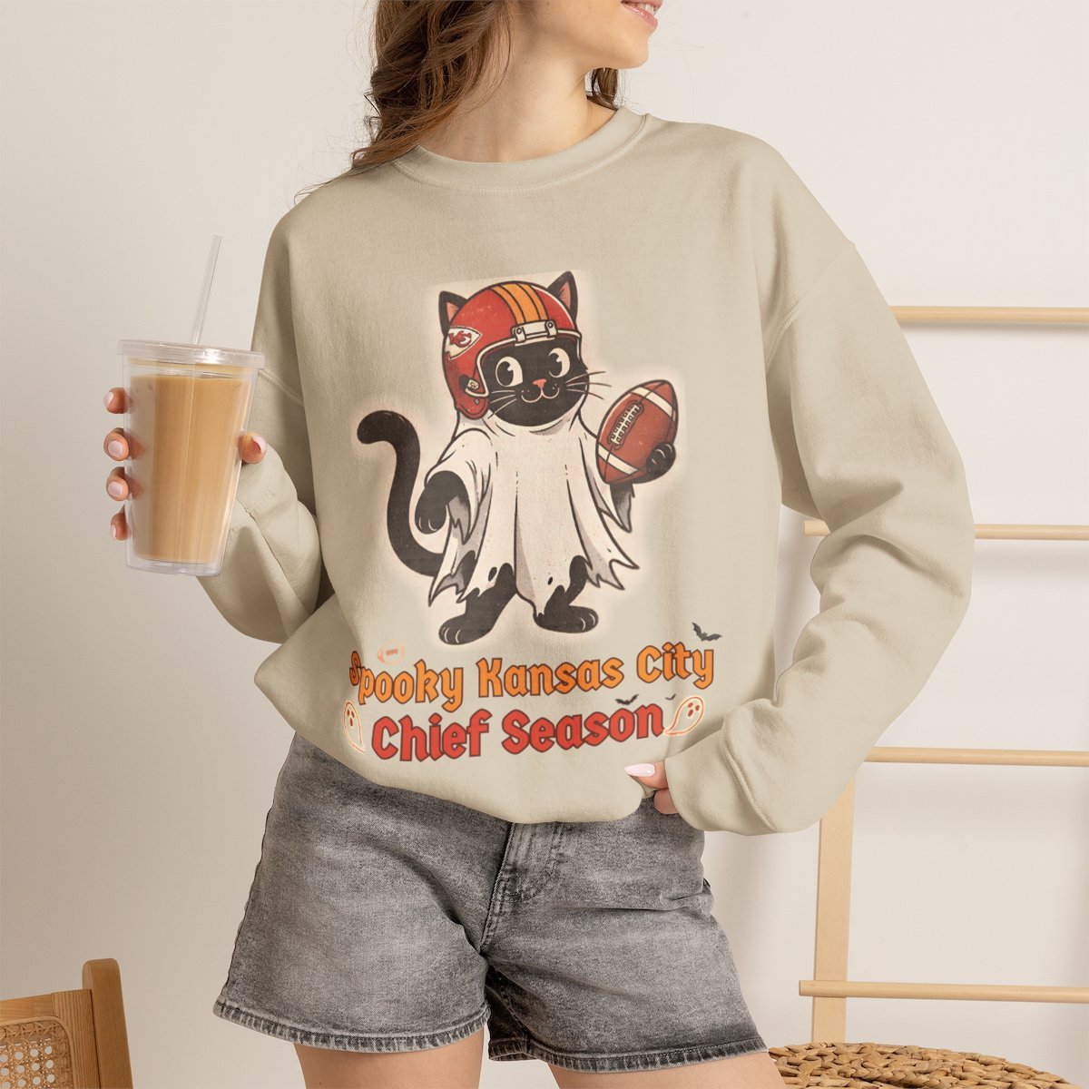Spooky Kansas City Football Cat Halloween Unisex Sweatshirt Sand