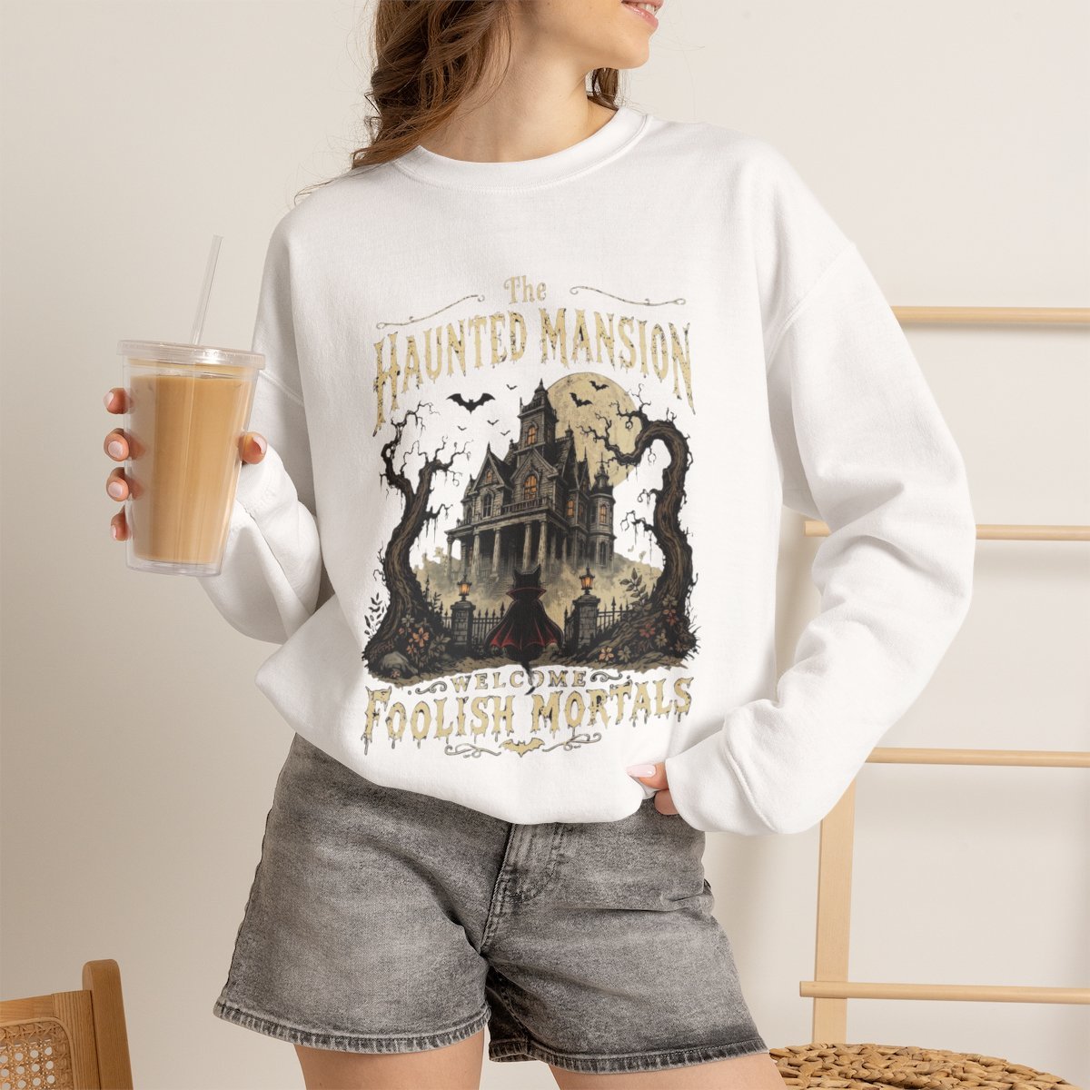 Spooky Haunted Mansion Cat Sweatshirt | Cute Halloween Apparel White