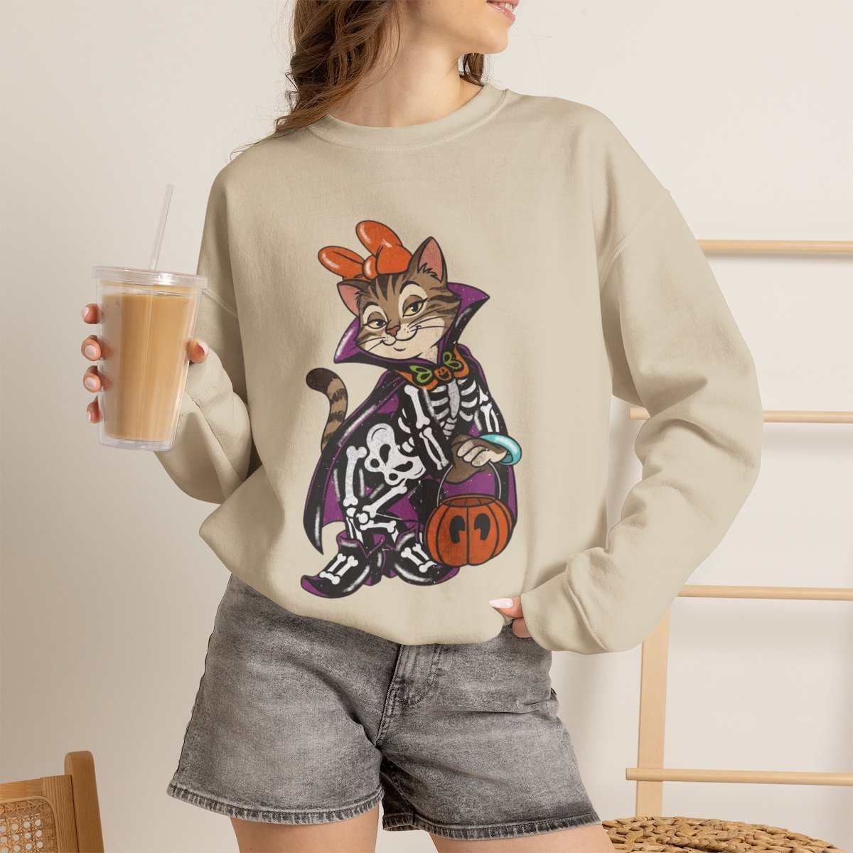 Spooky Cat Halloween Unisex Sweatshirt for Cat Lovers Sand