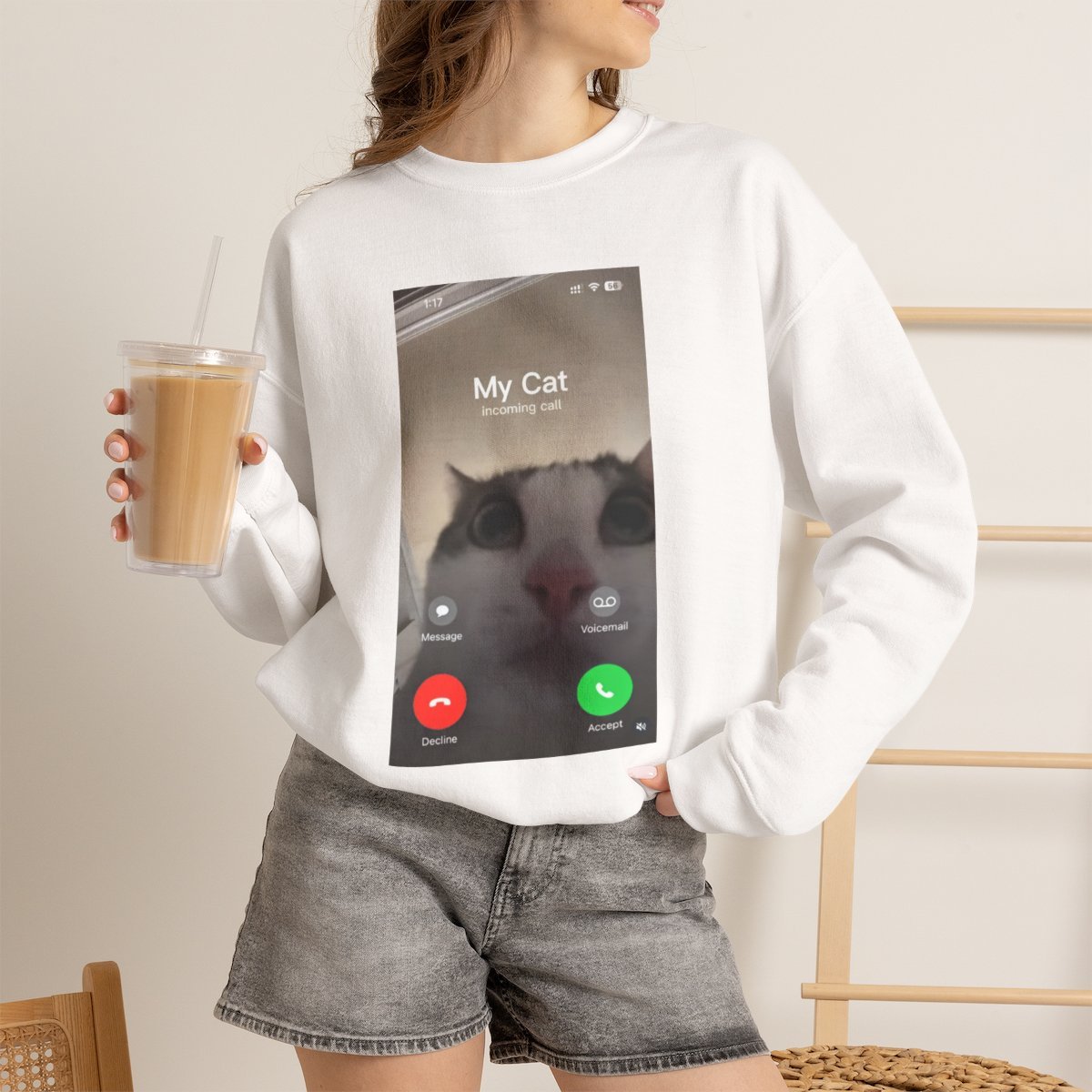 7b26s0-1.jpg Funny Cat Calling Phone Screen Unisex Sweatshirt Pet Lover Gift White