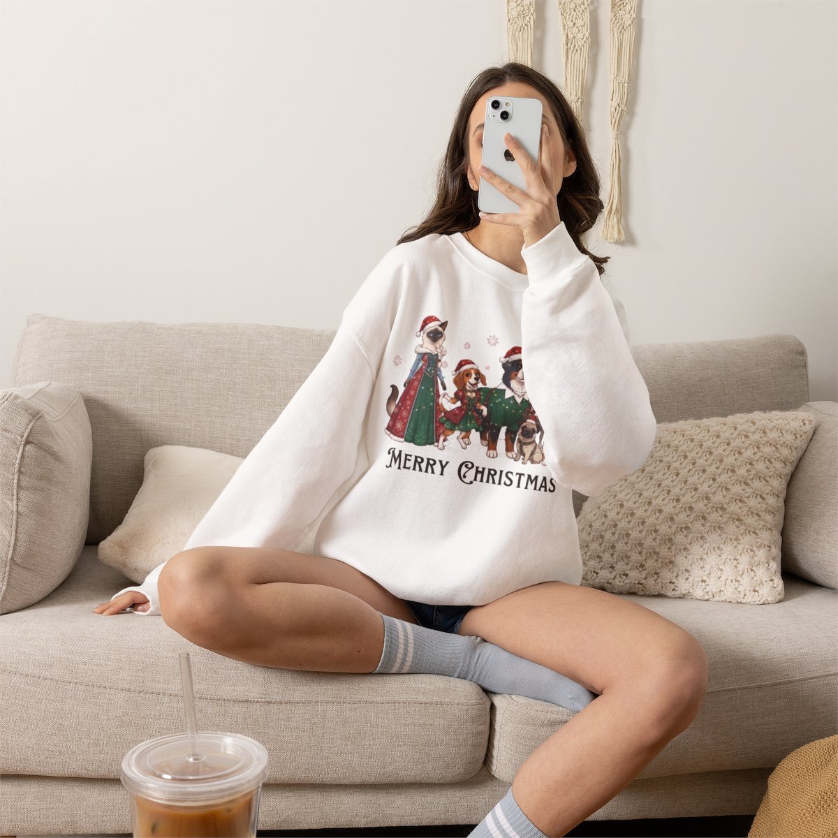 Merry Christmas Cute Pets Holiday Sweatshirt Detail
