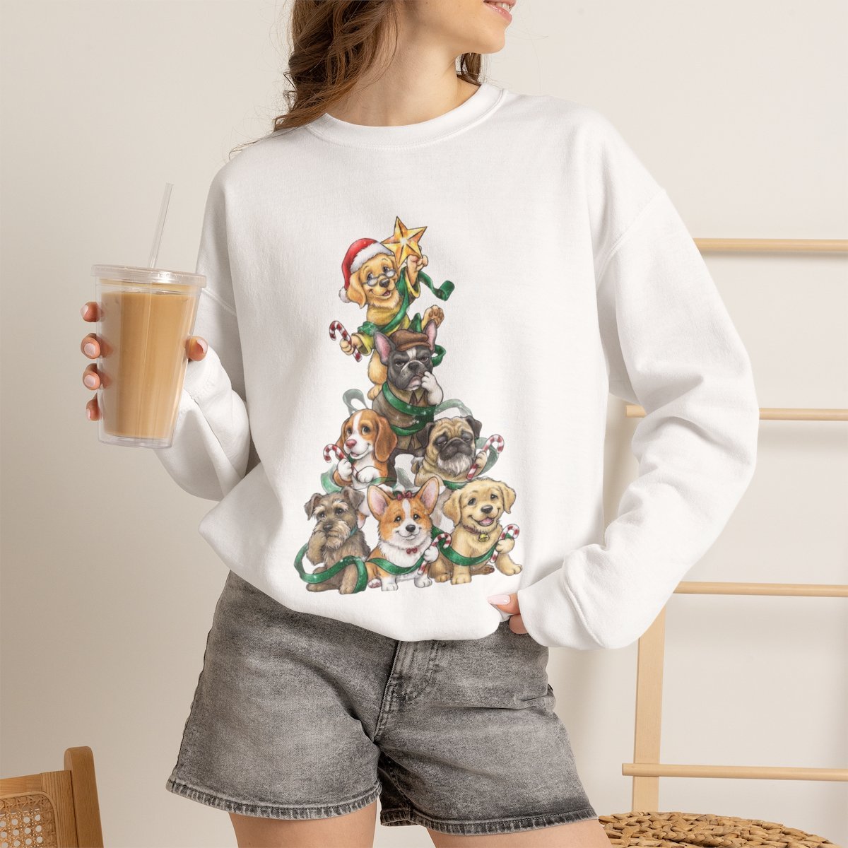 Cute Dog Christmas Tree Holiday Sweatshirt for Pet Lovers White
