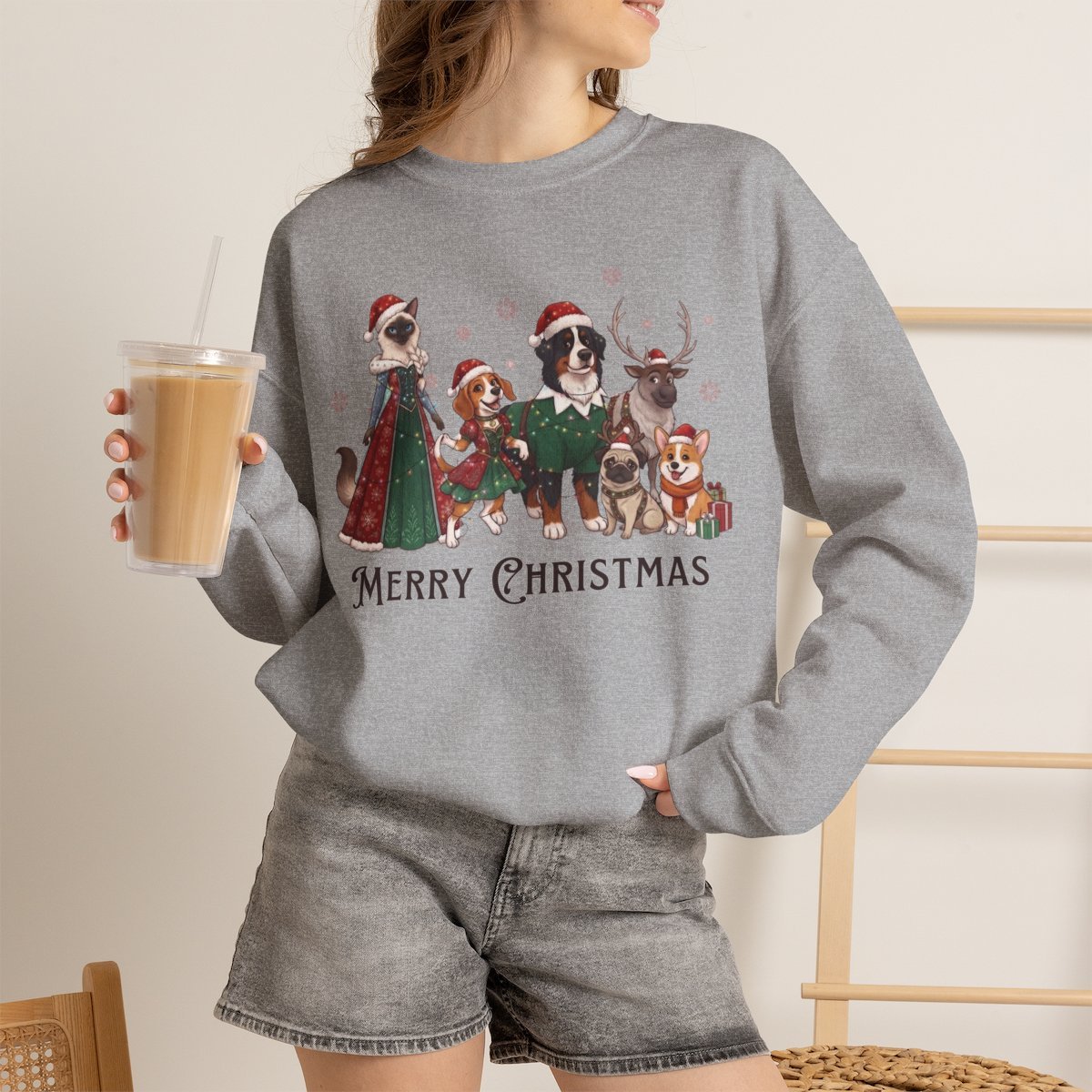 Merry Christmas Cute Pets Holiday Sweatshirt Sport Grey