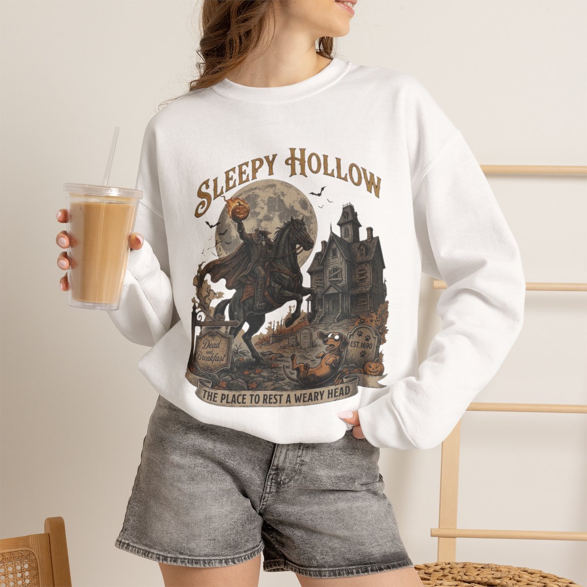 Spooky Sleepy Hollow Dachshund Unisex Sweatshirt for Halloween White