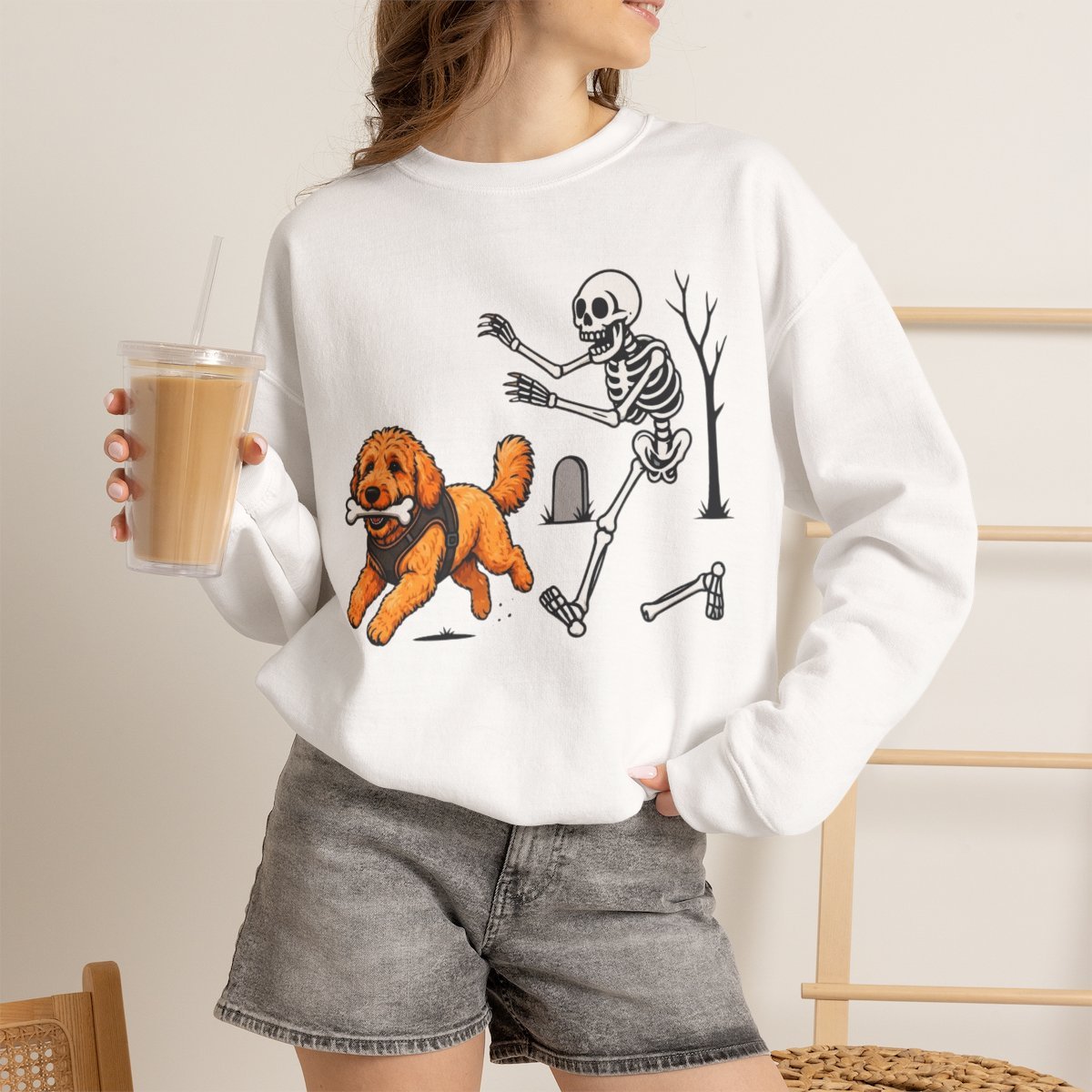 Cute Skeleton Chasing Dog Halloween Sweatshirt for Pet Lovers White