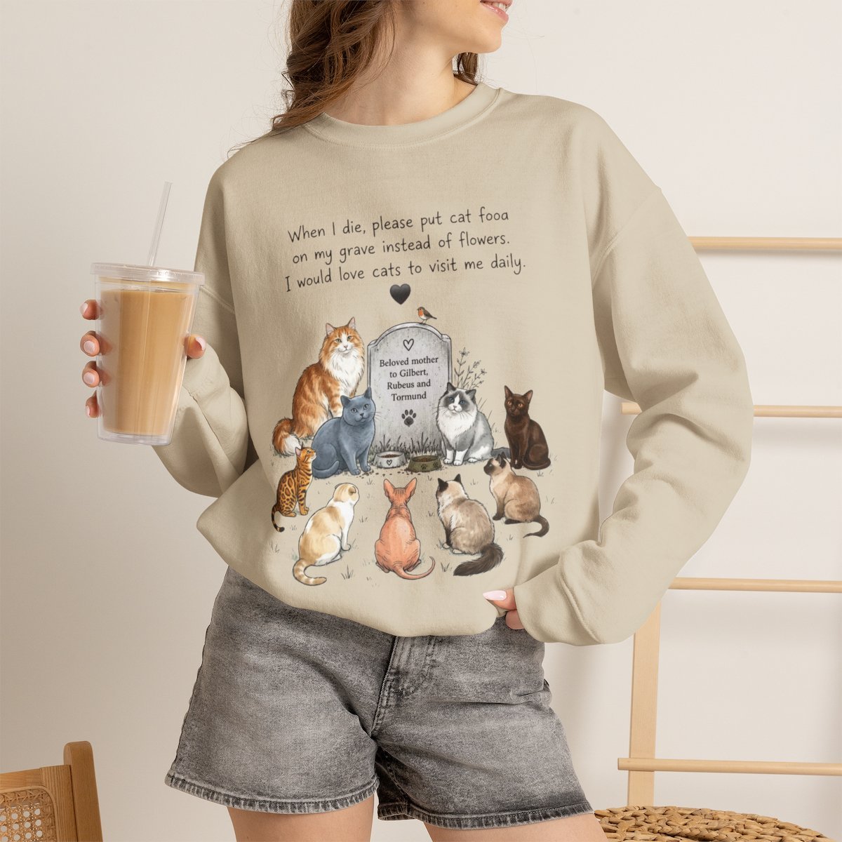 Funny Cat Lover Unisex Crewneck Sweatshirt Pet Memorial Gift Idea Sand