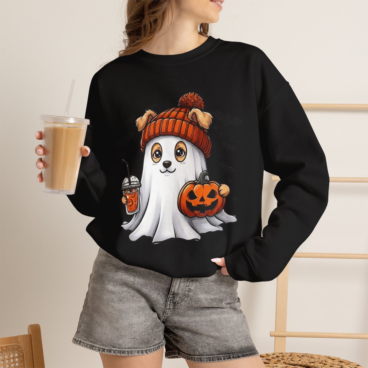 Cute Ghost Dog Halloween Sweatshirt for Pet Lovers Black