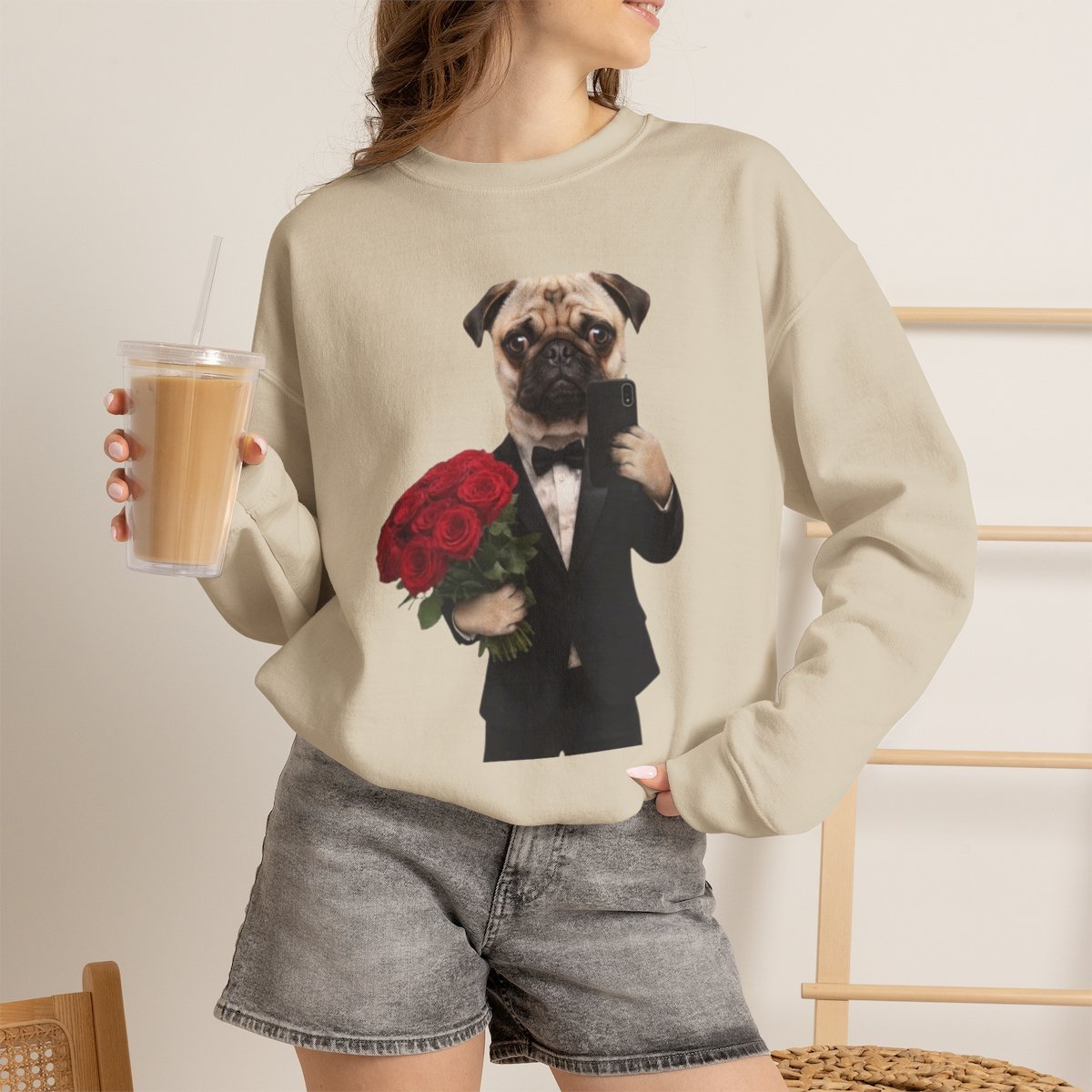 Funny Dog in Suit with Roses Sweatshirt | Cute Pet Lover Gift Sand
