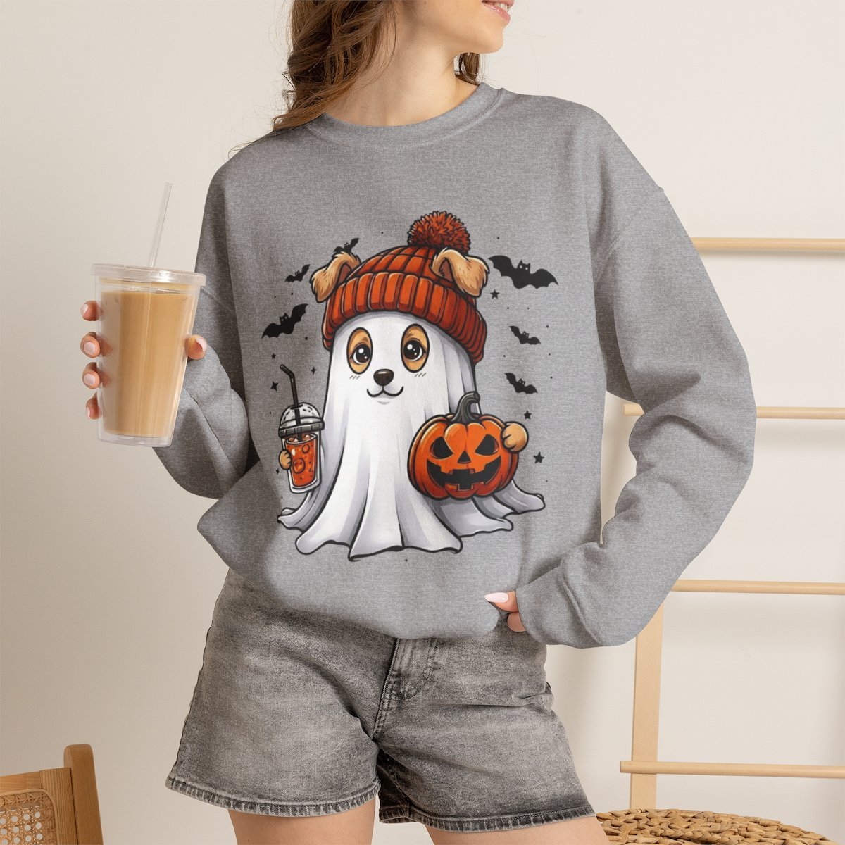 Cute Ghost Dog Halloween Sweatshirt for Pet Lovers Sport Grey
