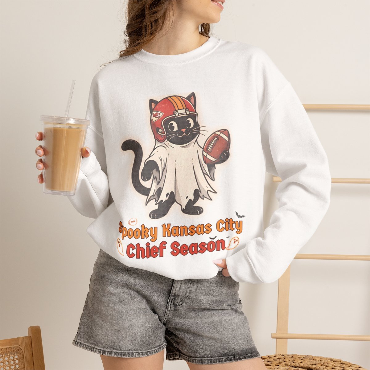 Spooky Kansas City Football Cat Halloween Unisex Sweatshirt White