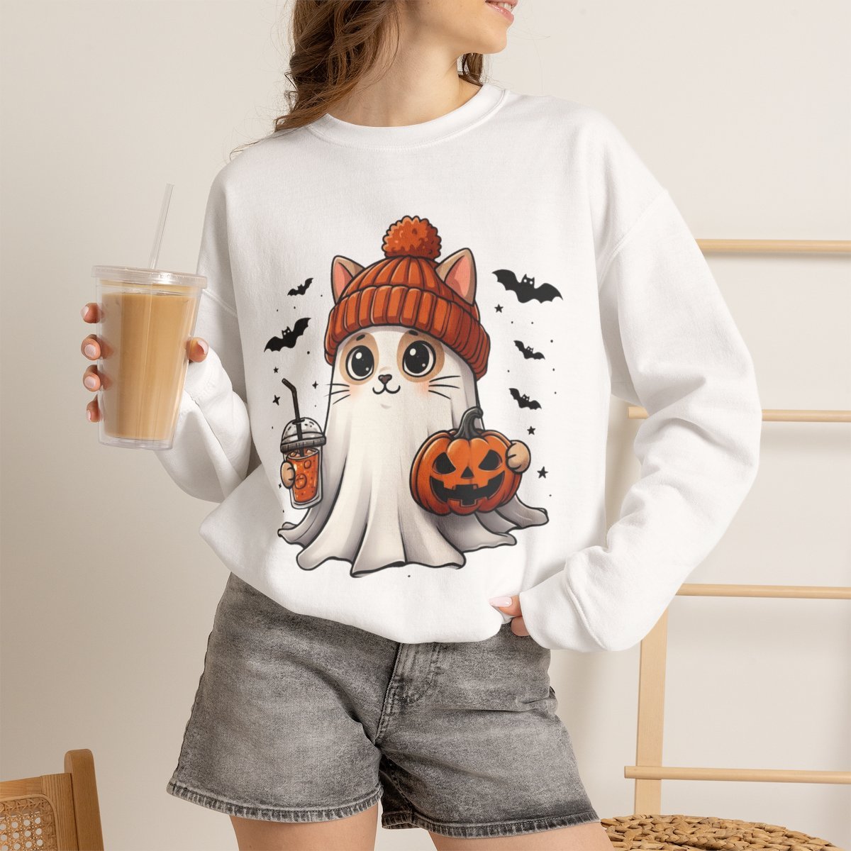 Cute Ghost Cat Halloween Coffee Sweatshirt | Spooky Season Gift for Cat Lovers White