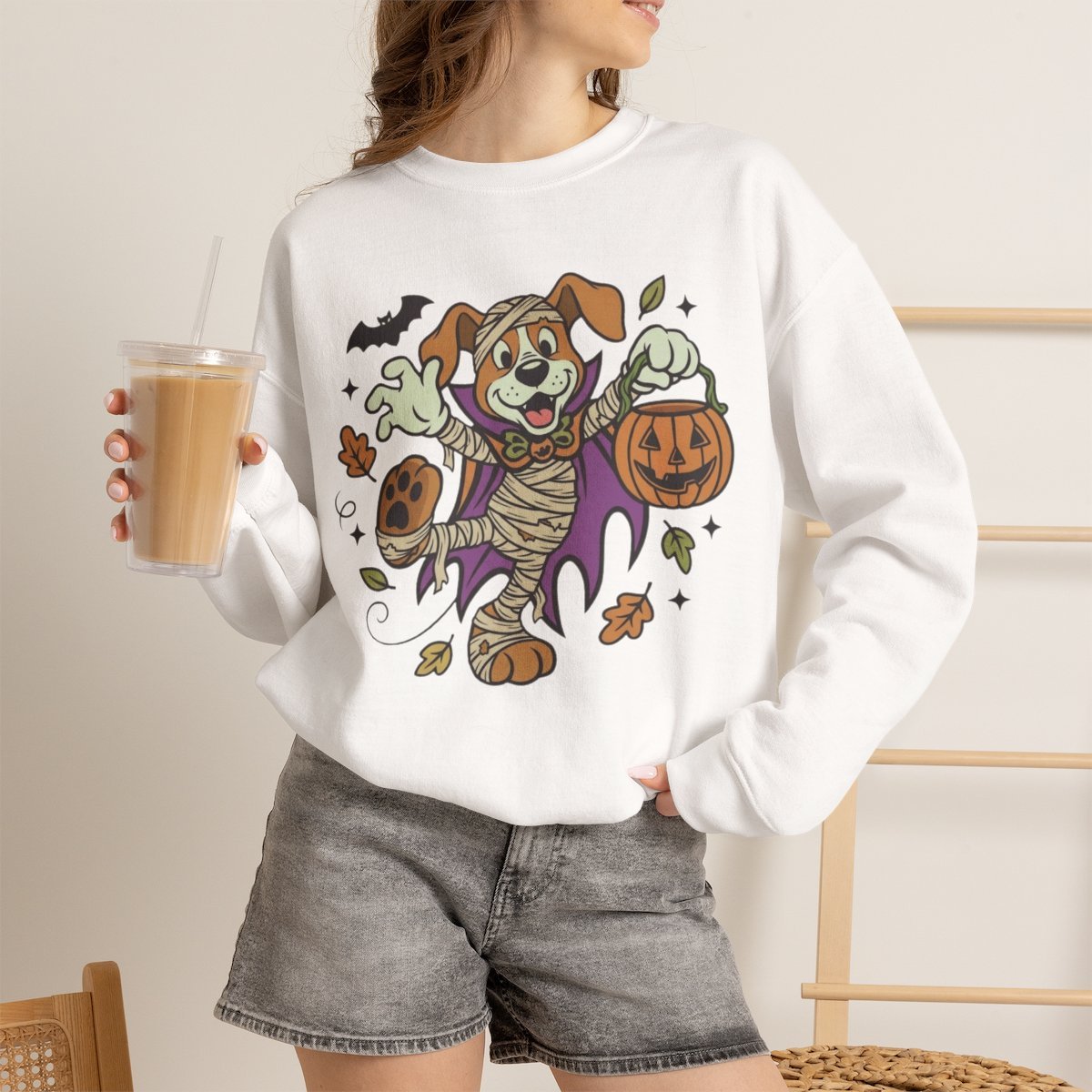 Cute Mummy Dog Halloween Sweatshirt for Pet Lovers White