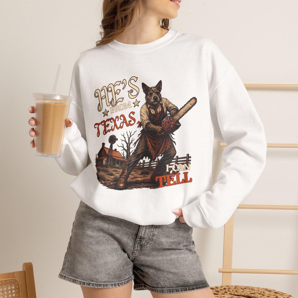 a1bon0.jpg Funny Texas Dog Chainsaw Graphic Sweatshirt for Pet Lovers White
