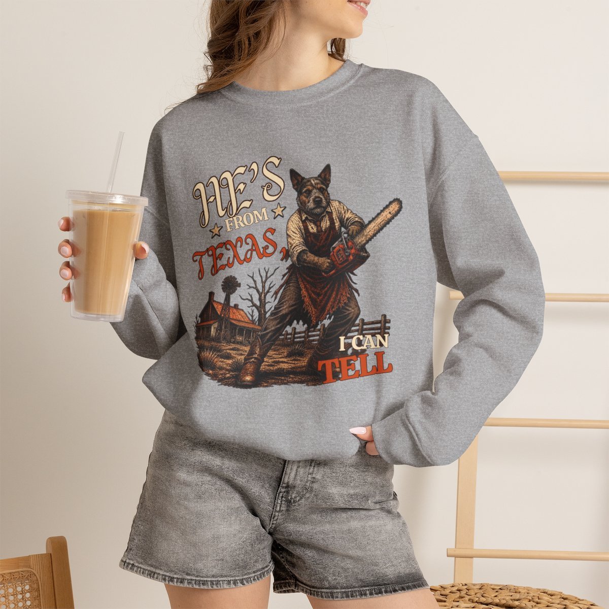 Funny Texas Dog Chainsaw Graphic Sweatshirt for Pet Lovers Sport Grey