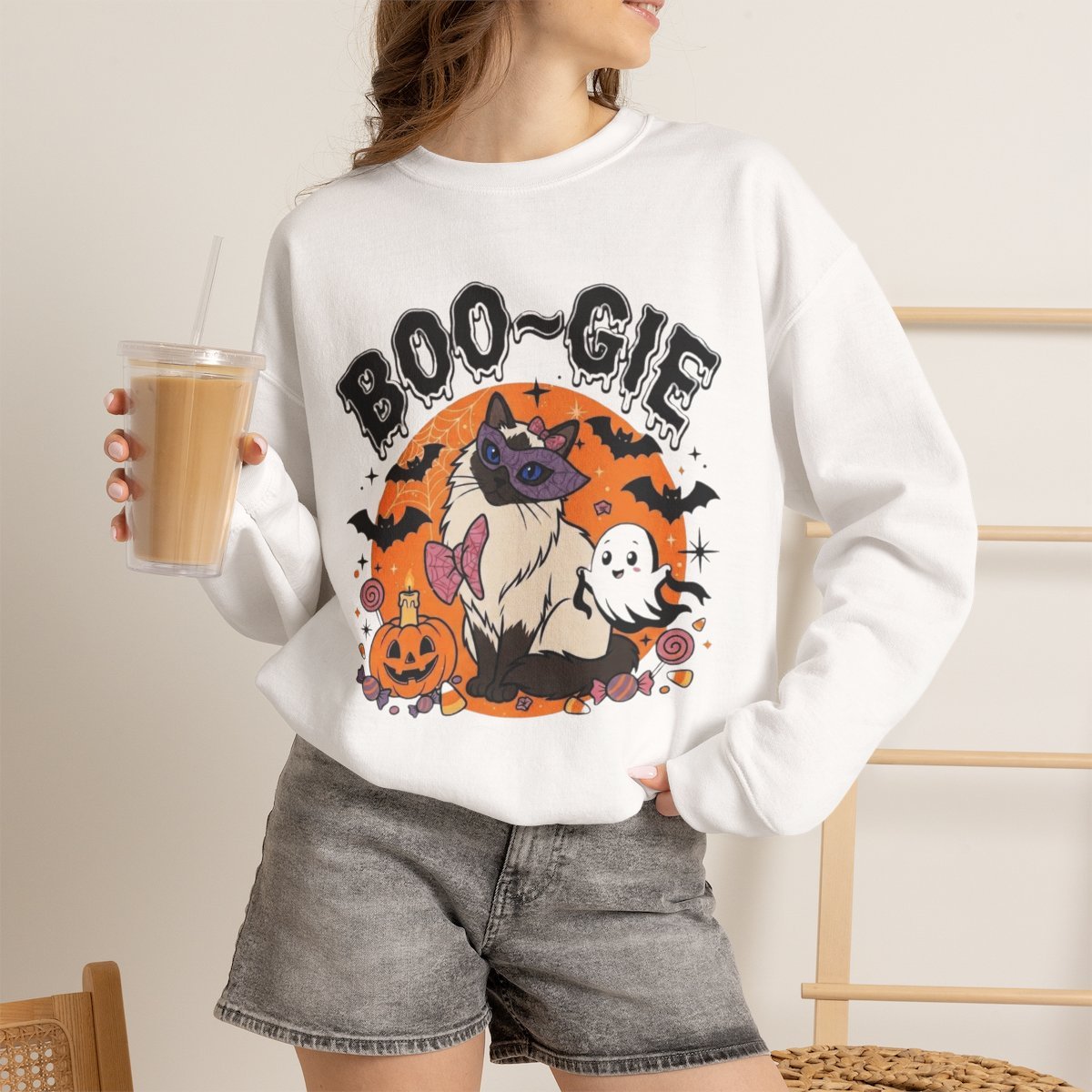 Spooky Season Halloween Cat Sweatshirt with Cute Ghost and Pumpkin White