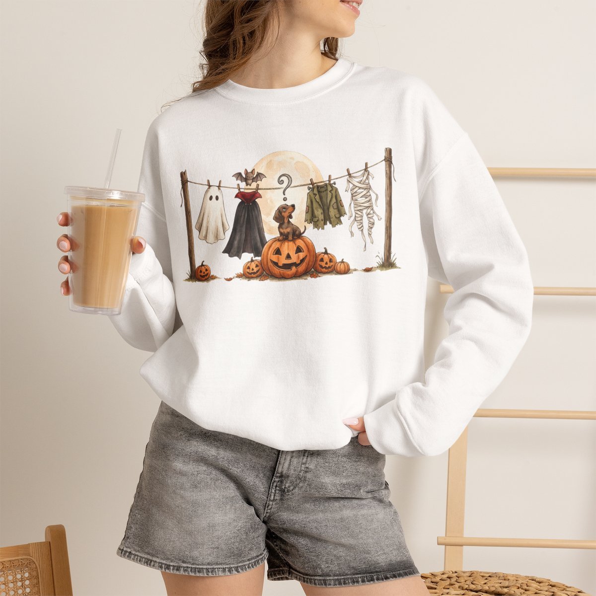akvabv.jpg Cute Dachshund Halloween Sweatshirt for Dog Lovers White