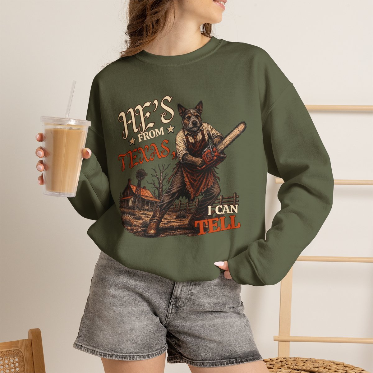Funny Texas Dog Chainsaw Graphic Sweatshirt for Pet Lovers Military Green