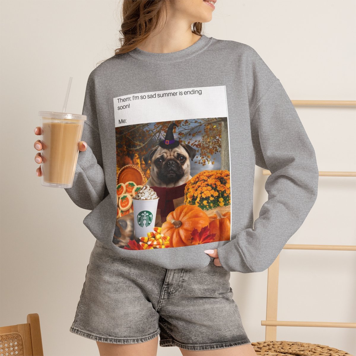 Cute Pug Fall Season Unisex Sweatshirt for Autumn & Halloween Sport Grey