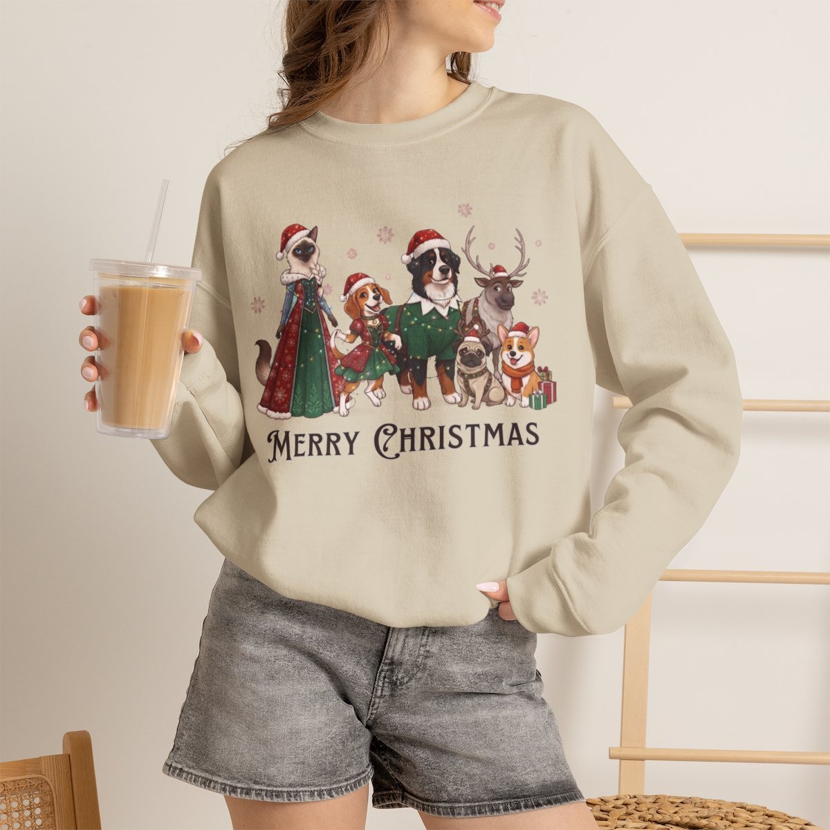 Merry Christmas Cute Pets Holiday Sweatshirt Sand