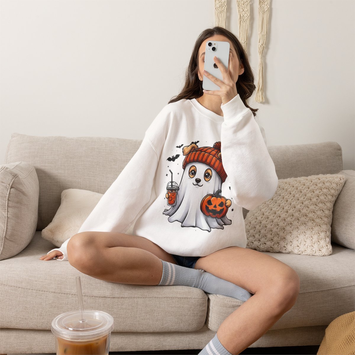 Cute Ghost Dog Halloween Sweatshirt for Pet Lovers Detail