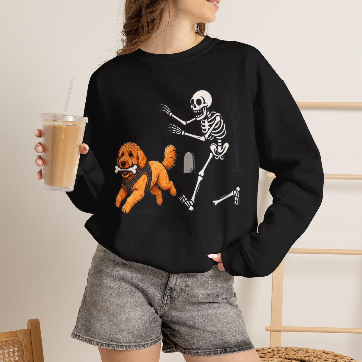 Cute Skeleton Chasing Dog Halloween Sweatshirt for Pet Lovers Black