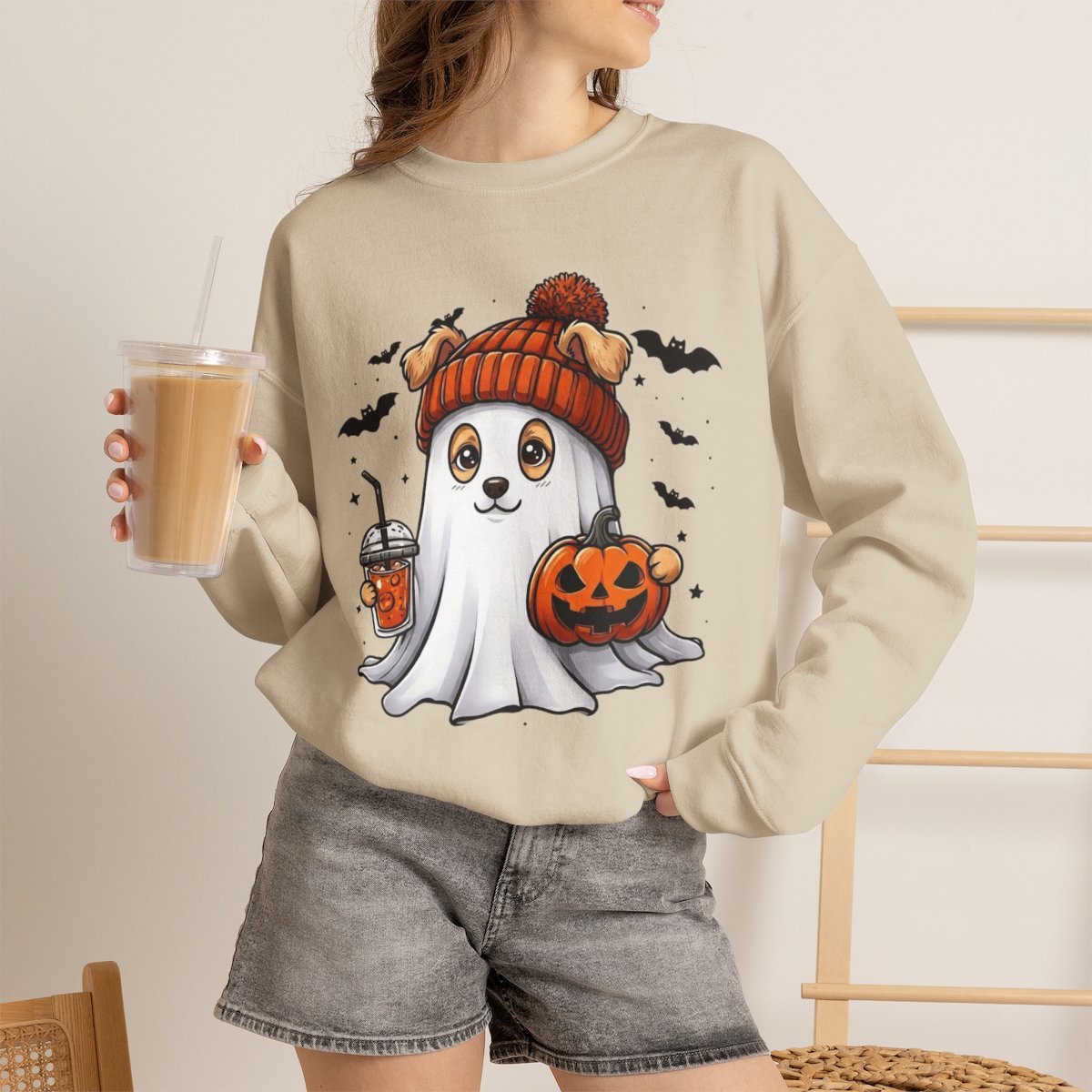 Cute Ghost Dog Halloween Sweatshirt for Pet Lovers Sand