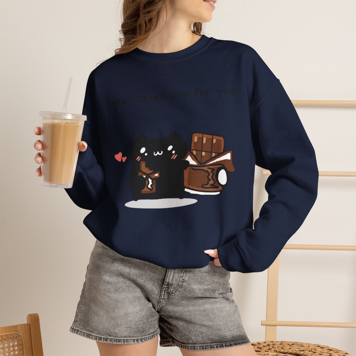 Cute Black Cat Sharing Chocolate Sweatshirt | Cozy Animal Merch Gift Navy