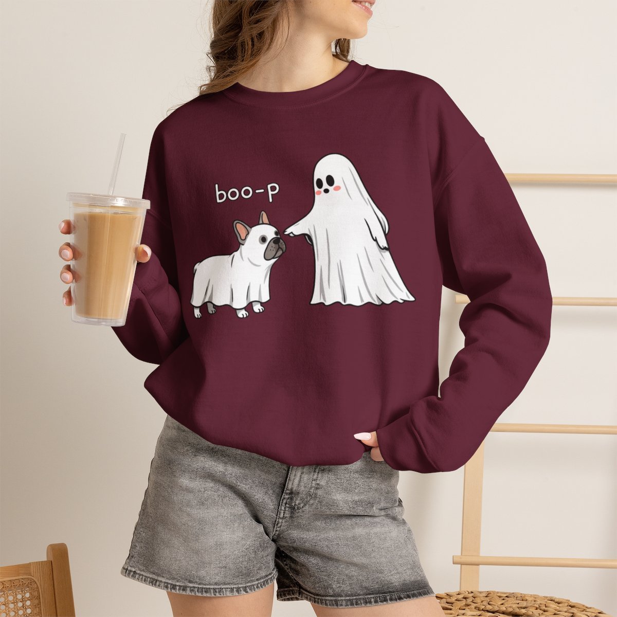 Cute Ghost Dog Halloween Sweatshirt for Pet Lovers Maroon