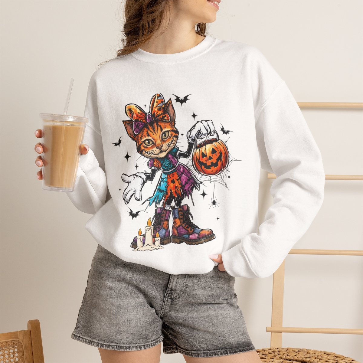 d82nyc.jpg Spooky Halloween Cat Unisex Sweatshirt Cute Kitten Pumpkin Gift White